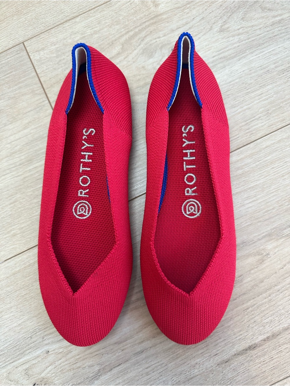 Rothy’s The Flat Red Knit Ballet Flats Blue Trim Women’s Size 7 Washable Shoes